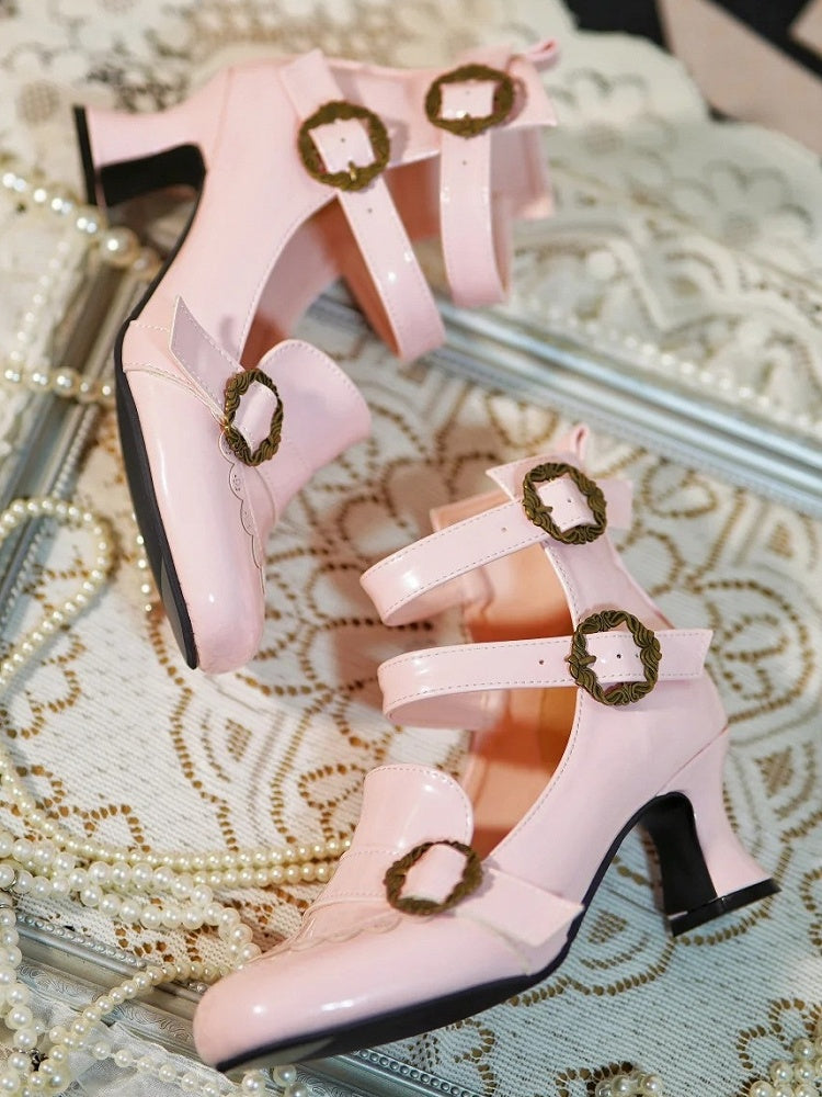 Design Motifs Mary Pink Rose Janes with Elegant Lolita Tri-Buckle