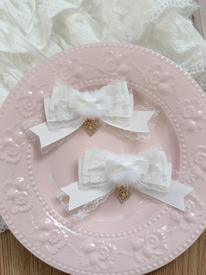 Heart Jirai Charm Colors Bow Hair 6 Furry Clip with Multi-Layered Lace Kei