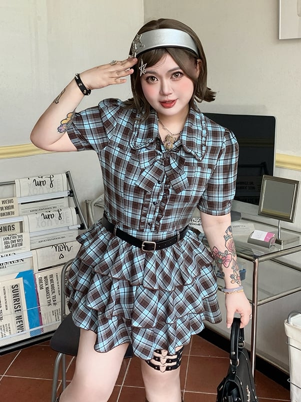 Plus Size gestufte blau-braune karierte Bluse mit adretten Ärmeln im Preppy-Stil, kurzer Rock /