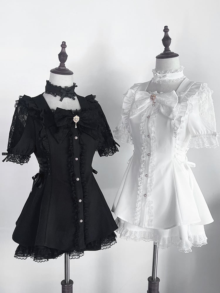 Schwarzes Jirai Kei-Set: Minikleid mit ausgeschnittenen Schultern, seitlichen Schnürdetails und Rock