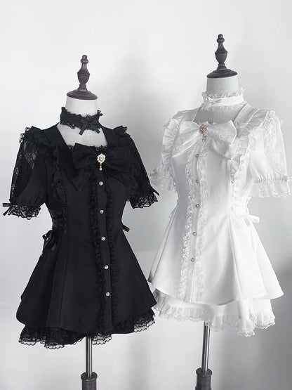 Schwarzes Jirai Kei-Set: Minikleid mit ausgeschnittenen Schultern, seitlichen Schnürdetails und Rock