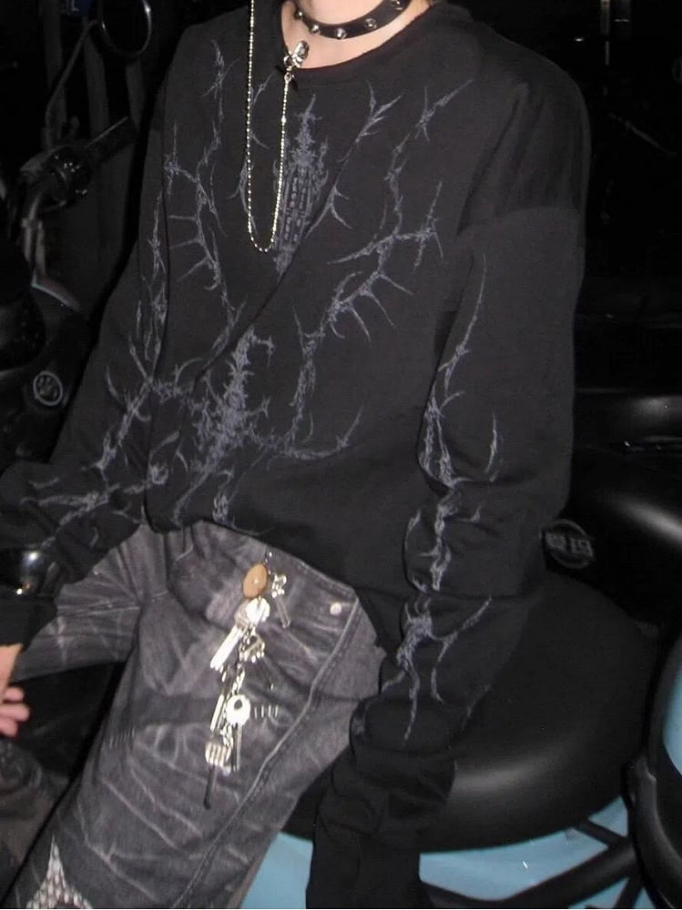 Sleeves Y2K Print Top Black Long Punk