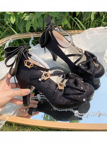 Spakling Black Bowknot Round Toe Lolita Shoes with Crown Buckle and Pendant Details - 8.5cm High Heel - Aimee