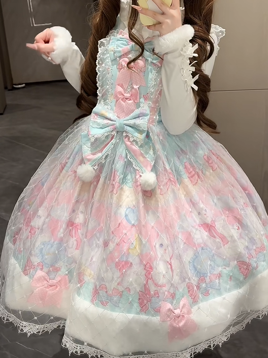 Sweet Trim with Cat Hem Lolita and Print Accents Green Bow Pink Fur Dress Light