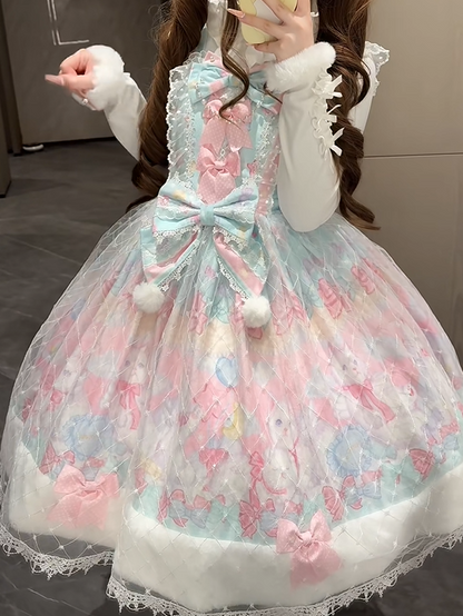 Sweet Trim with Cat Hem Lolita and Print Accents Green Bow Pink Fur Dress Light
