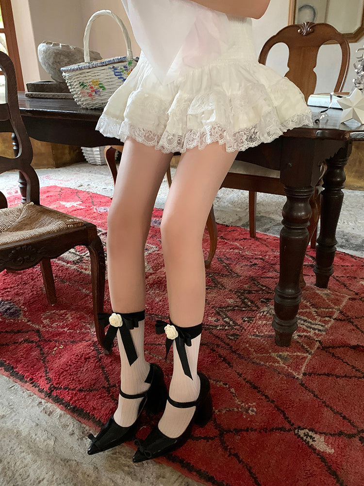 White Mid-Calf Detail Black with Camellia Socks