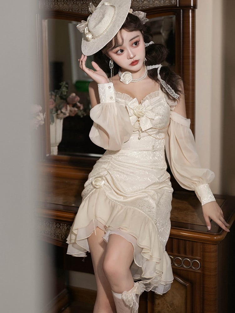 ロリータ マーメイド ローズ ヘムライン フリル ジャカード アイボリー デコレーション ディテール ビーズ JSK