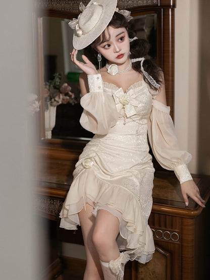 ロリータ マーメイド ローズ ヘムライン フリル ジャカード アイボリー デコレーション ディテール ビーズ JSK
