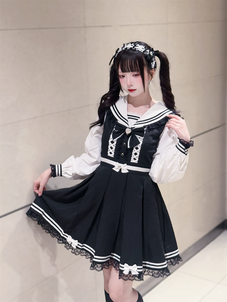 Jirai Bunny-Ear Lace Sailor with Dress White Long and Dress: Trim Kawaii Black Kei Collar Sleeve