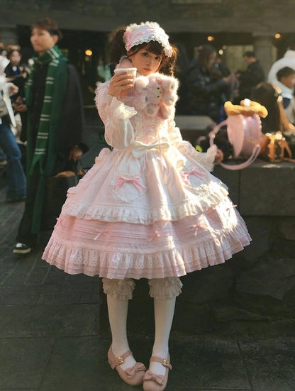 Pink Lace-Up Lolita Jumper Skirt with Ruffled Hem