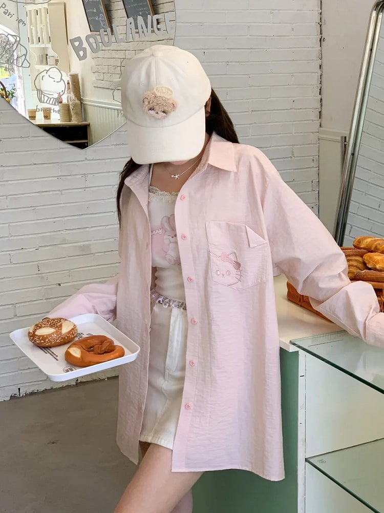 Back Shirt Kitty Embroidery on Pocket Kitty-shaped Detail Blue/Pink Loose Cutout