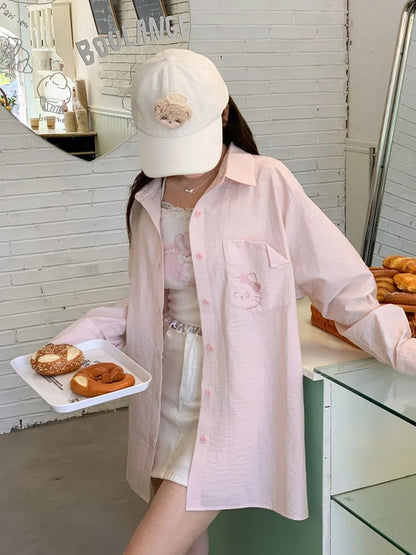 Back Shirt Kitty Embroidery on Pocket Kitty-shaped Detail Blue/Pink Loose Cutout