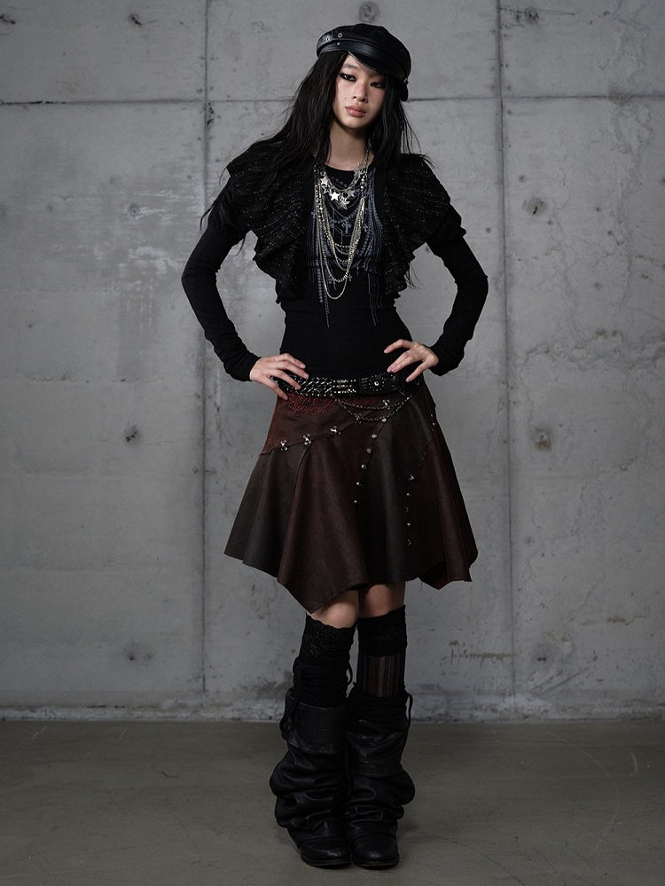 Asymmetrischer Rock Punk Rot mit Stickerei Ödland Saum Braun Blumen Wildleder