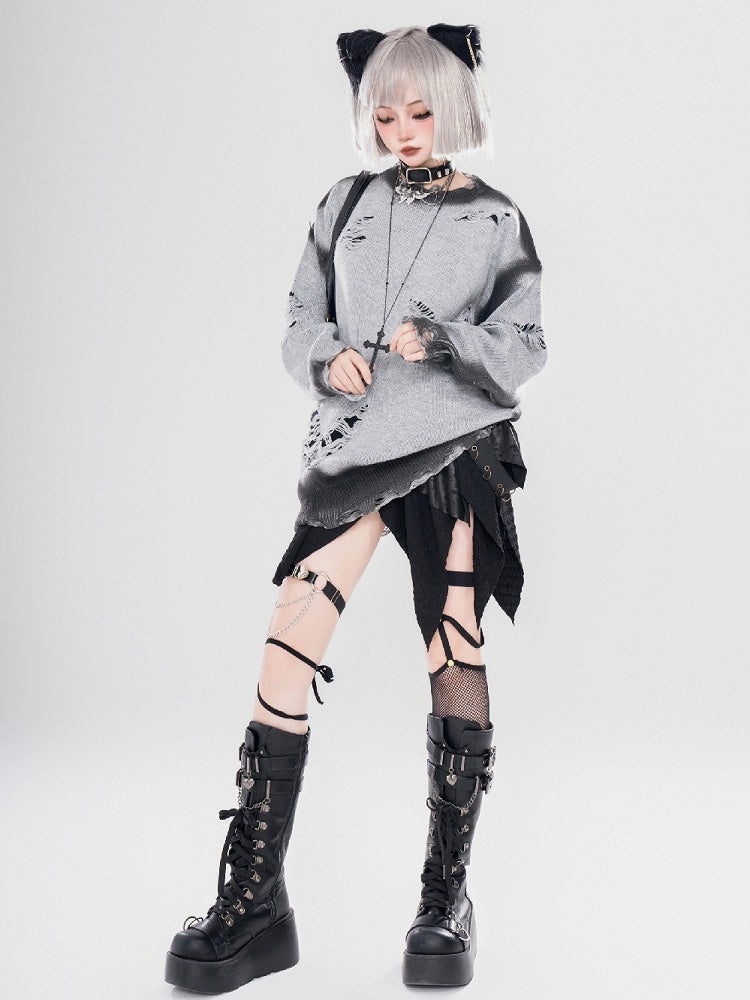 Y2K ブラック/グレー バタフライシェイプ ダメージ加工 ホールズ ラウンドネック セーター