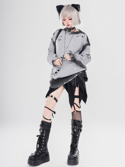 Y2K ブラック/グレー バタフライシェイプ ダメージ加工 ホールズ ラウンドネック セーター