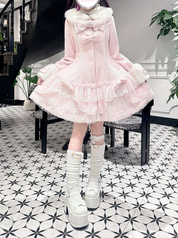 Jirai Kei Pink / Beige Mid-Length Padded Coat with Plush Accents and Sweet Lace Trim