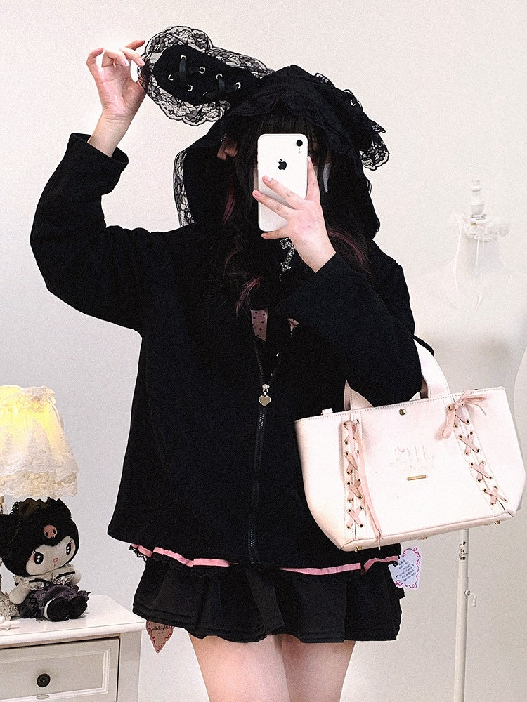 Jirai Crossed Bunny Kei Otaku Hood with Zip-Up Ears Hoodie