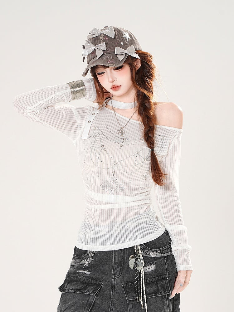 ホワイト/ブラックのアシンメトリーネックライン、ラインストーンディテール、バックル