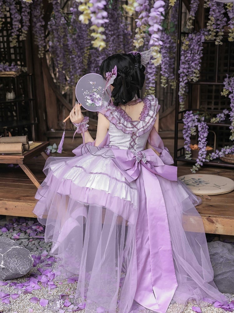 Butterfly Lolita Dress Set with Headpiece and Wrist Cuffs - KIYANA