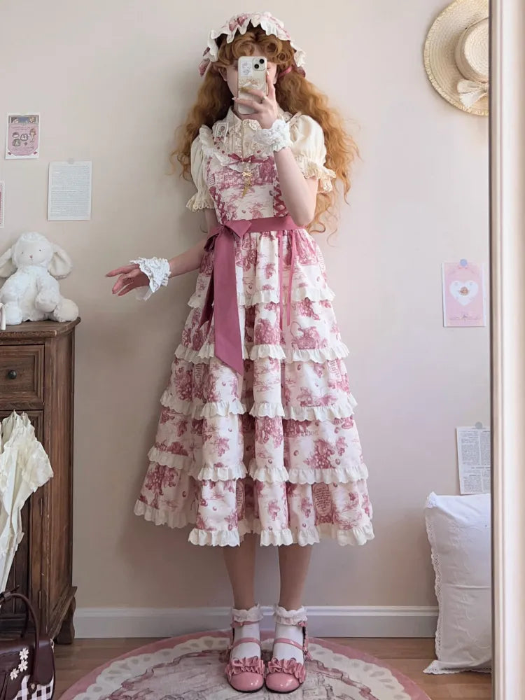 Rosa Lolita-Pullover mit bedrucktem Saum und abnehmbarem Rock in Trauben