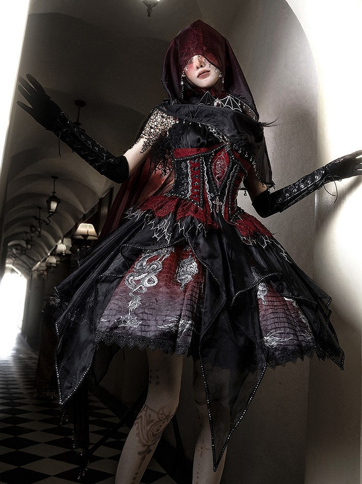 Black & Red Bone Dragon Embroidery Halter Neck Gothic Lolita Dress Set - Ying Luo Fu