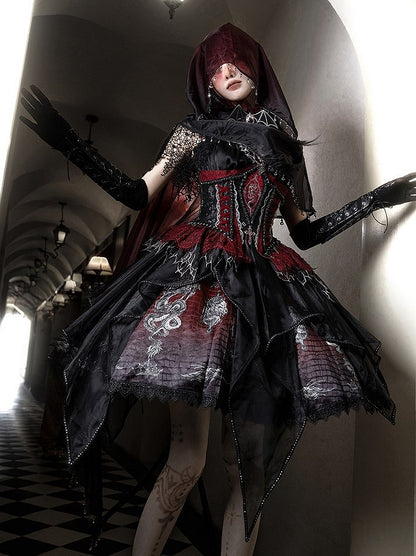 Black & Red Bone Dragon Embroidery Halter Neck Gothic Lolita Dress Set - Ying Luo Fu