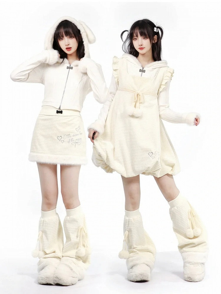 カーディガン パピーイヤー フード付き ホワイト プラッシュ