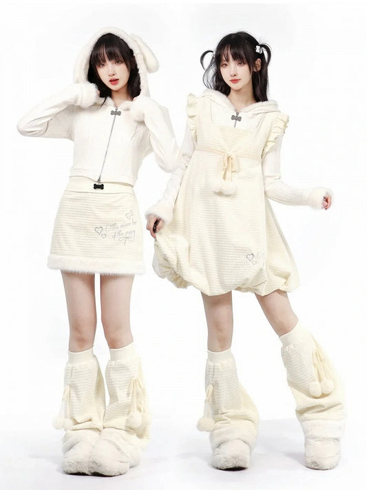 Strickjacke mit Welpenohren und Kapuze, weißer Plüsch