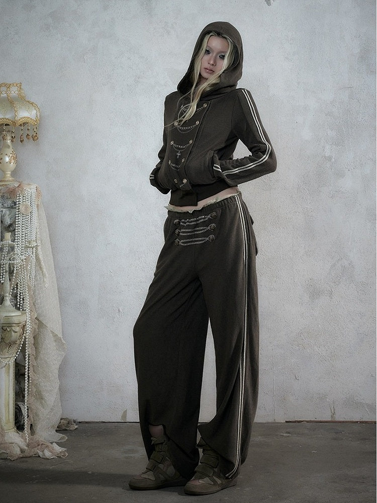 Khaki Green Double-Breasted Straight Leg Sweatpants with Lace Trim, Punk Style - NO ROMANCE