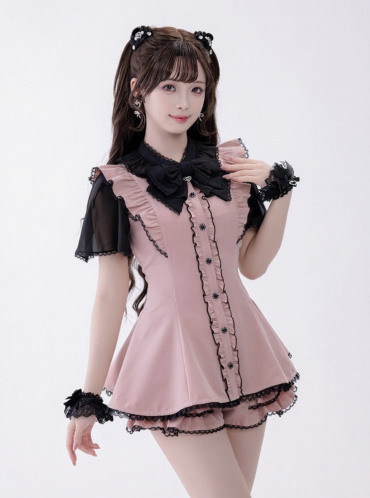 Black and Pink Chiffon Ruffle Dress with Lace, Shorts, and Bow Set - Fluffy Heart