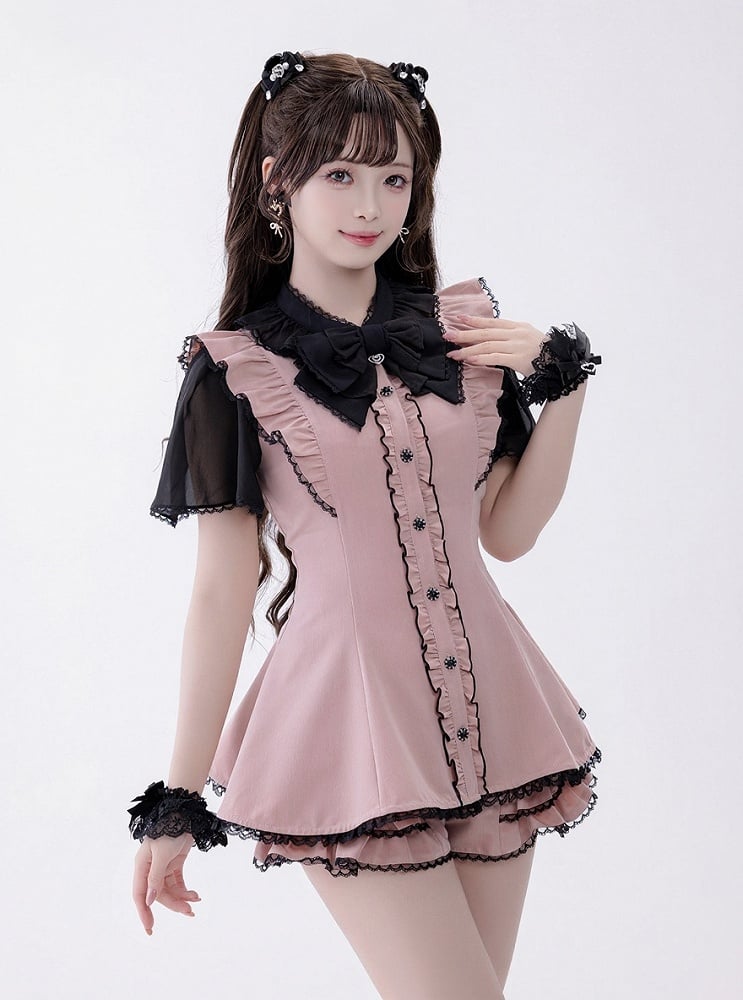 Chiffon Ruffle Dress with Lace Trim and Bow Set - Fluffy Heart