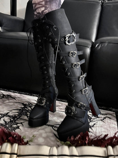 Matte Black Buckle-Strap Gothic Knight Boots with 11CM Stiletto Heel - sphenoid