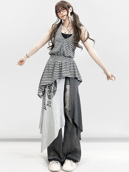 Shorts Saum Schwarz Schlitz Mit Buchstaben Asymmetrische Seite Rock Grau Druck Glamorous