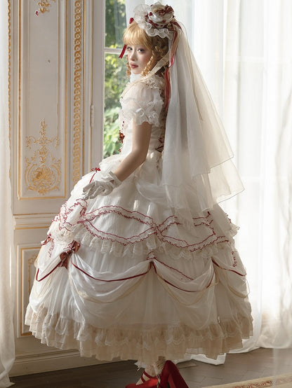 Cake Dress Lolita Embroidered Red White Cherry Hime with Bows Ruffled Multi-Layered