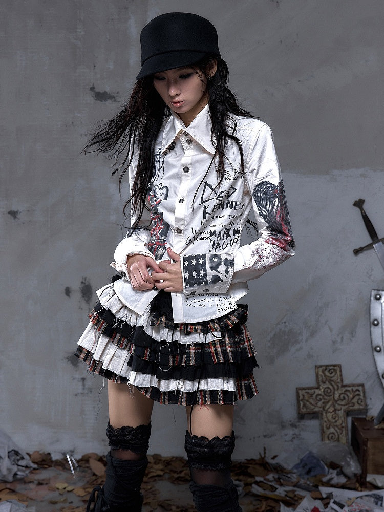 Straps Punk Beige Hand-Drawn with Motifs Back Shirt Vintage Studded