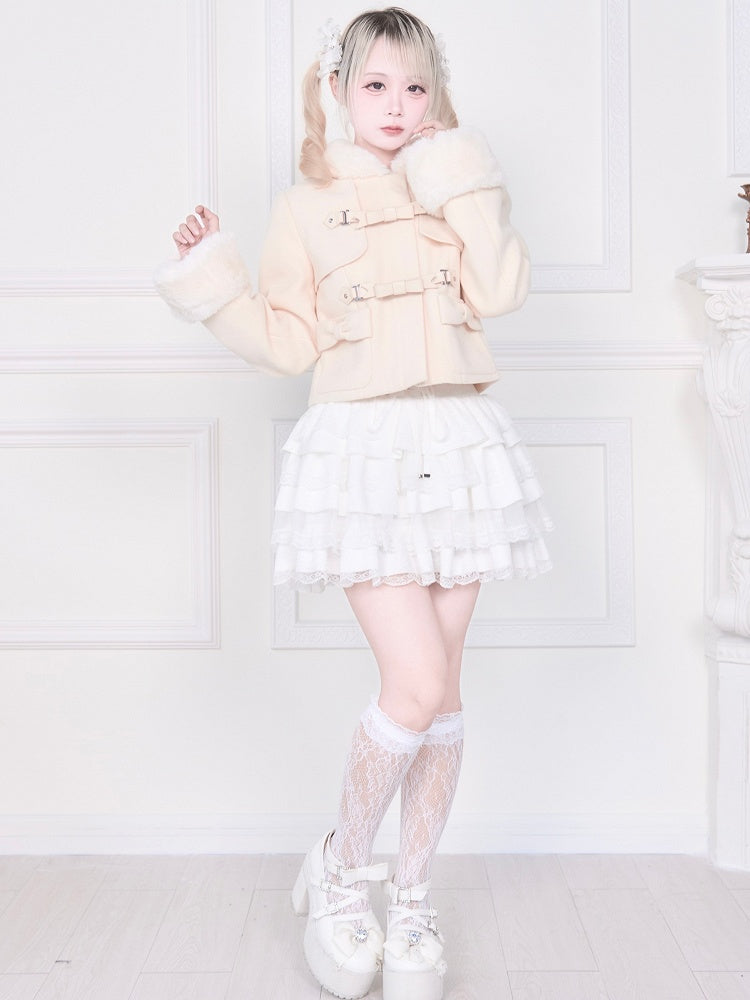 Bow Coat Plush Kei Short Jirai Apricot Trim with Hooded Pockets and