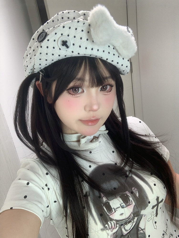 Decorated Black/White Plush Bone With Polka-dot Button Beret Pattern Hat
