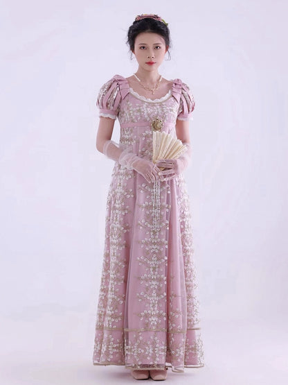 ピンクのエンパイアウエストリージェンシーエレガントロリータマキシドレス足首丈バージョン