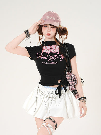 Slim-fitting T-shirt White/Black Mock Neck Self-tie Hem Letter Number and Print
