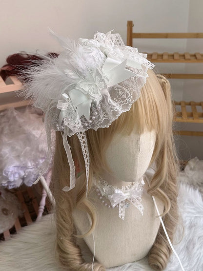 White/Black Lace Embellishment Hat Mini Butterfly with and Feather