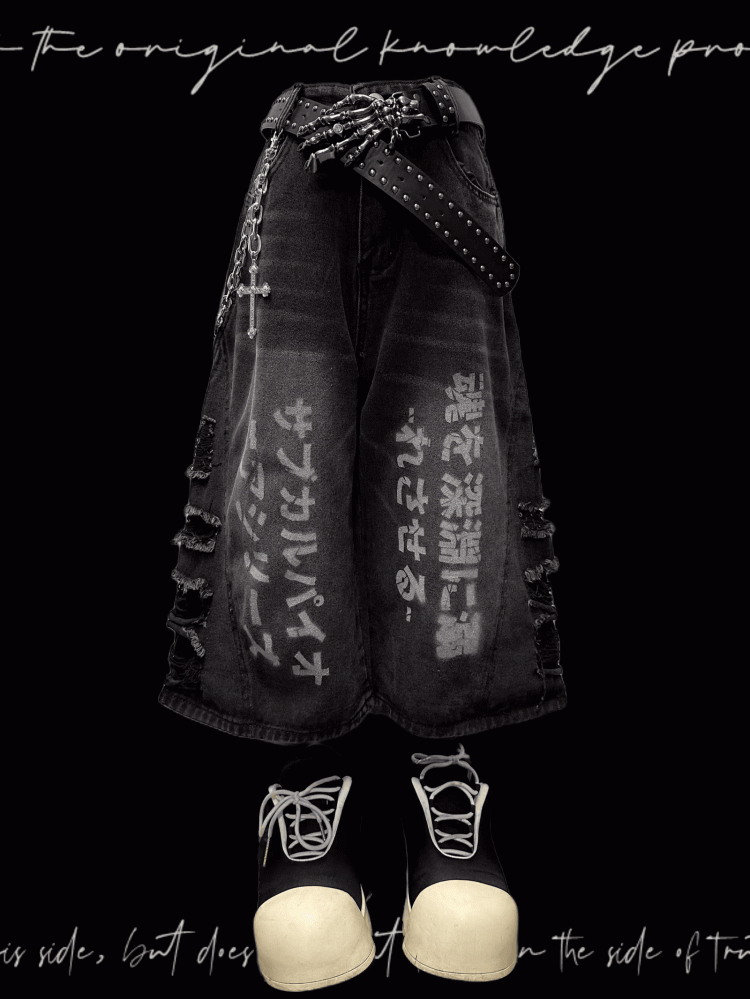 穴あき裾パンクフェードウォッシュダメージ加工ダークワイドレッグジーンズグレー