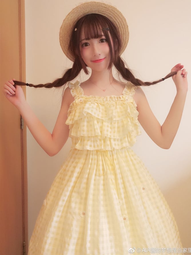Robe d'été vichy jaune Cottagecore avec bordure en dentelle marguerite et jupe pull Lolita à carreaux