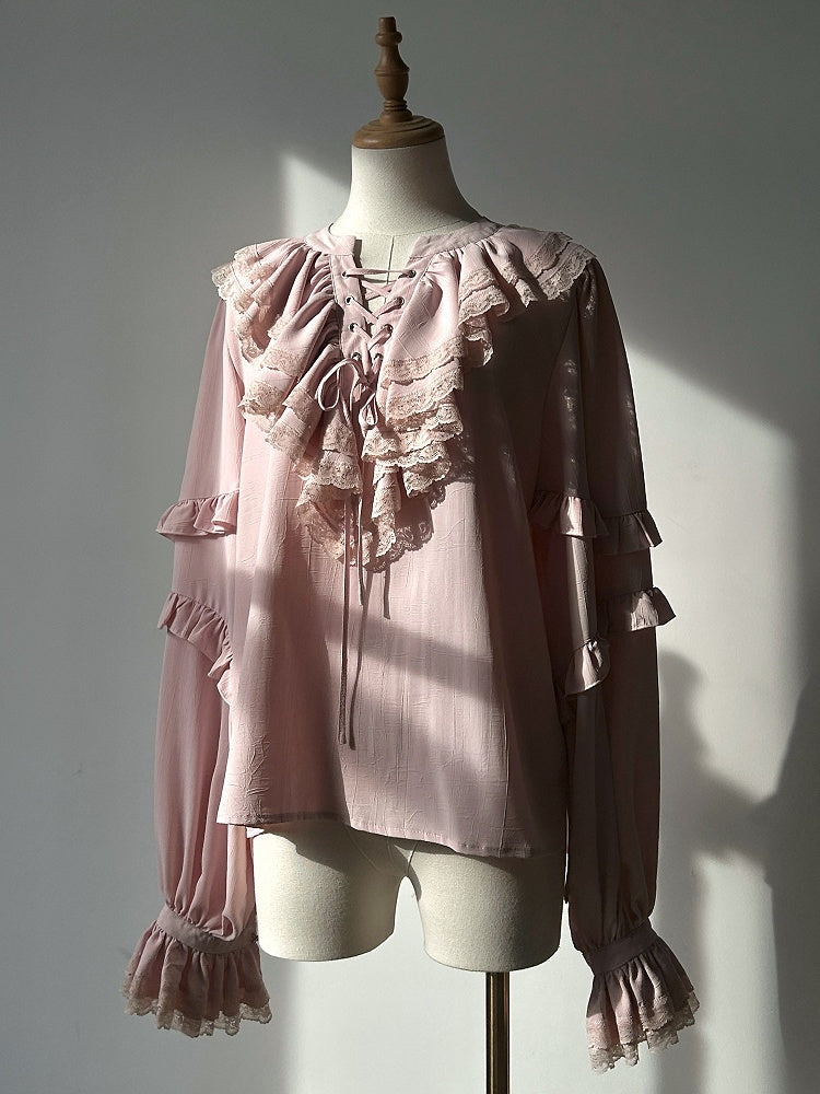 Sleeves Front Long Pink with Blouse Lace-Up Ruffled
