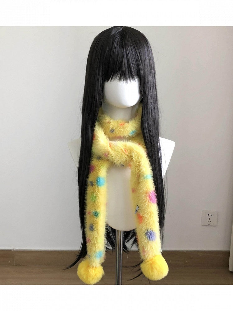 Yellow Plush Scarf with Spotted Pattern & Pom Pom Trim - freetrader