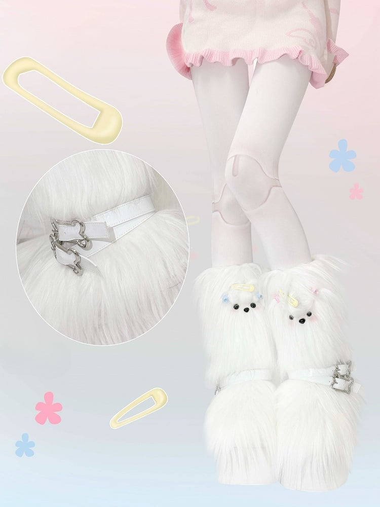 White Maltese Puppy Y2K Platform Furry Boots