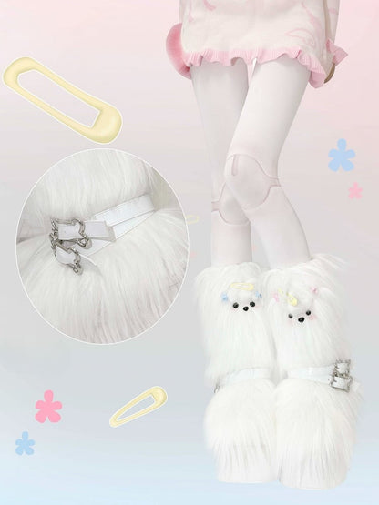 White Maltese Puppy Y2K Platform Furry Boots