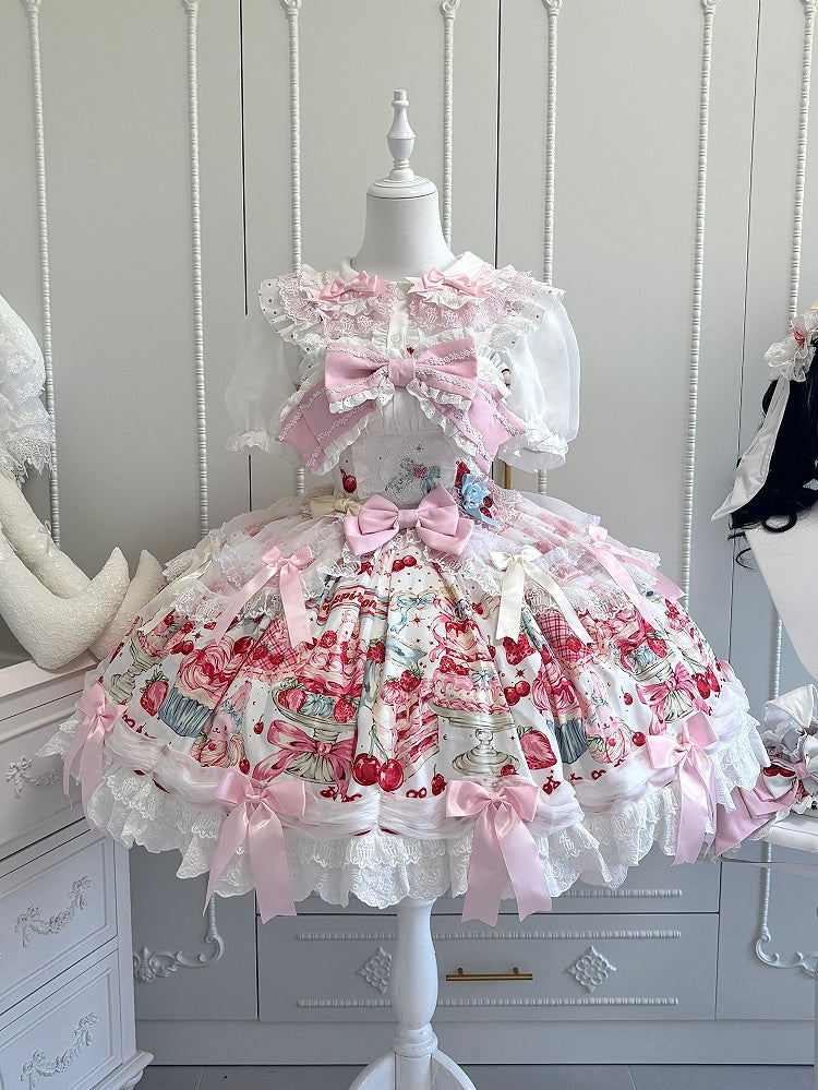 Erdbeerkuchenkleid Süße Printmode mit Schleife Hase Weiße Akzente Lolita und