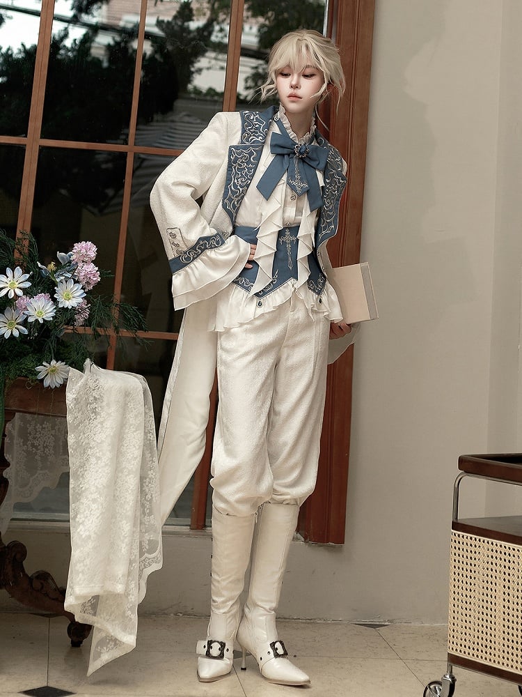 Belt+Pants Coat+Shirt+Corset Pieces Split-Tail Four Ouji Set-BlueWhite Lolita Prince