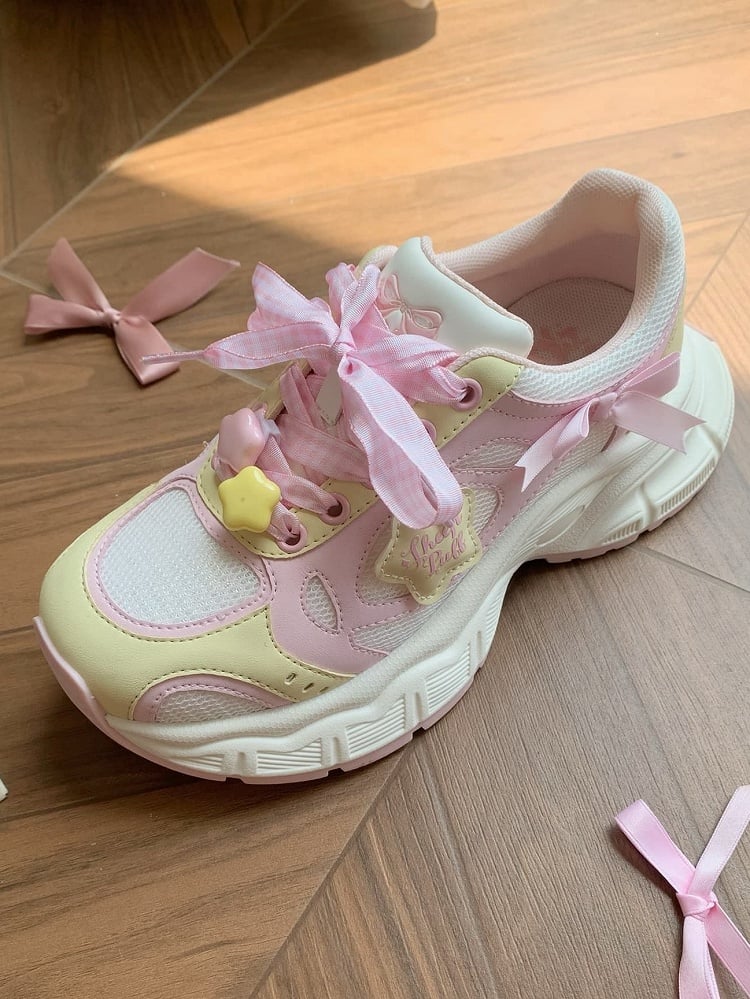 in Platform Pink Lolita Design Bow Plaid Lace-up Star Sweet Details Sneakers Yellow And
