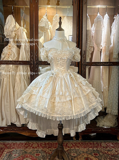 Blooming Hime Layered Lace Dress Lolita Accents Flower with Fluffy Champagne Waist Basque